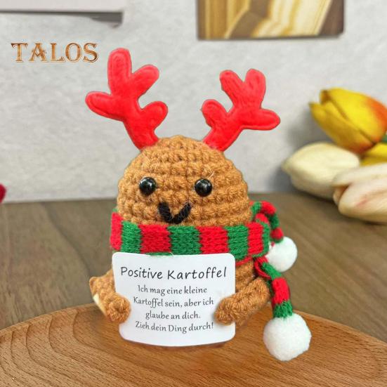 Positive Christmas Crochet Doll with Encouraging Card Emotional Support Handmade Knitting Santa Hat Potato Pickle Decoration Ornament Stress Relief