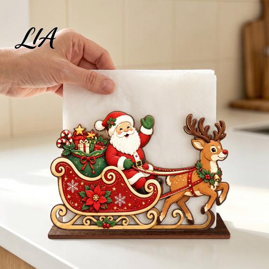 Christmas Home Decor Wooden Tissue Holder, Napkin Dispenser with Santa Gingerbread House Elk Rack Pattern, Decorative Organizer for Dining Table
