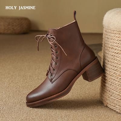 2024 Новые осенне-зимние женские сапоги из натуральной кожи с острым носком и толстым каблуком, короткие женские сапоги, ботильоны на каблуке Suqare