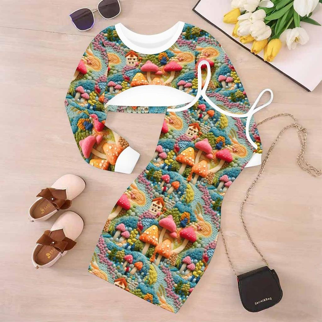 Girls Cartoon 2 Piece Outfits, Long Sleeve Crop Top + Spaghetti Strap Bodycon Dress, Fresh Light Print Party Dress Set