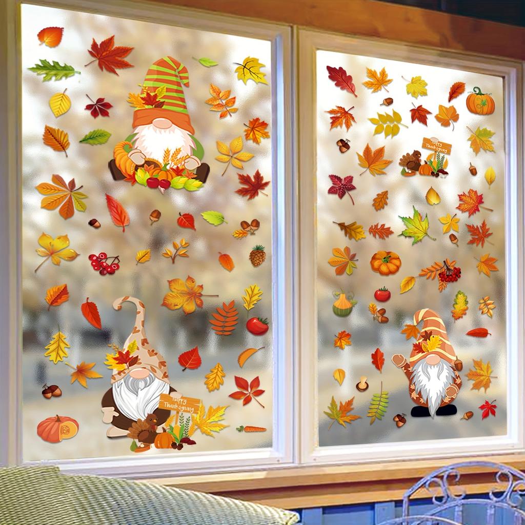 Thanksgiving Autumn Decoration Window Stickers,Self-adhesive Decorations Glass Window Pictures Autumn Leaves and dwarves Sticker