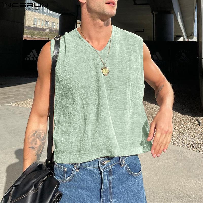 INCERUN Мужские летние однотонные майки без рукавов с V-образным вырезом
