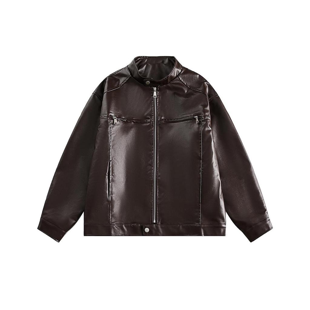 Мужская осенне-зимняя куртка-henley из ПУ кожи - Повседневный свободный топ с пэчворком