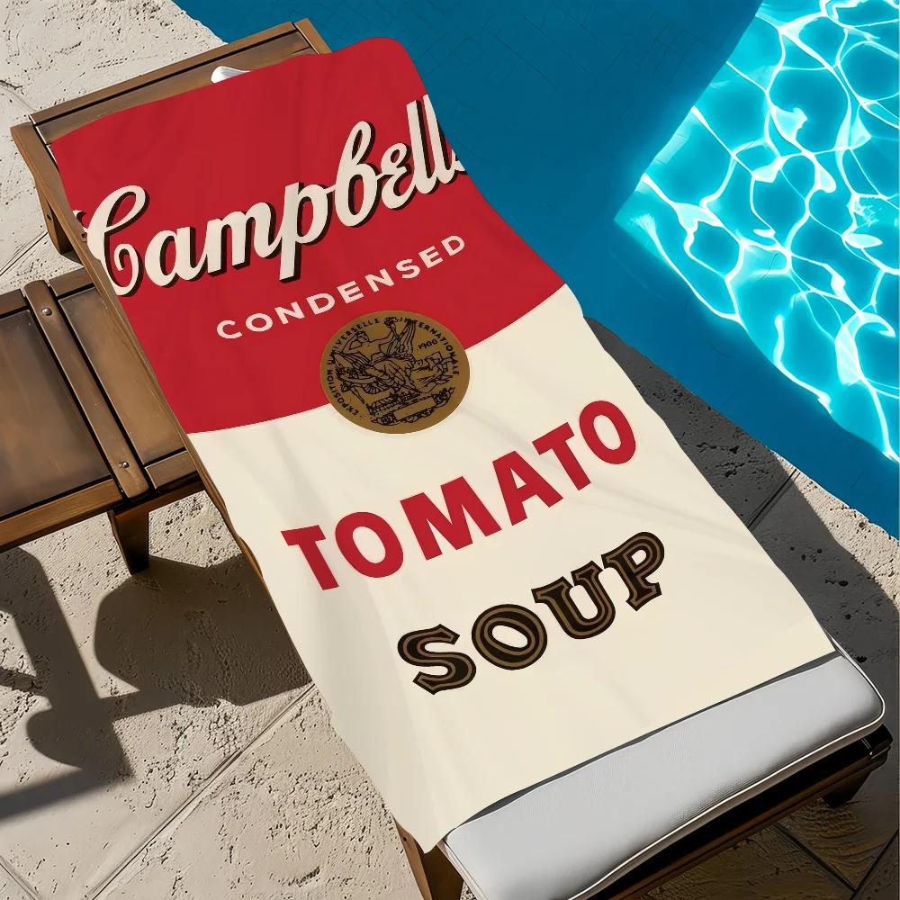 Полотенце для пляжа Campbell Tomato Soup Односторонний 2D-принт Мягкое Впитывающее Микроволокно для Бассейна Пляжа Ванной Комнаты Ретро Поп-Арт
