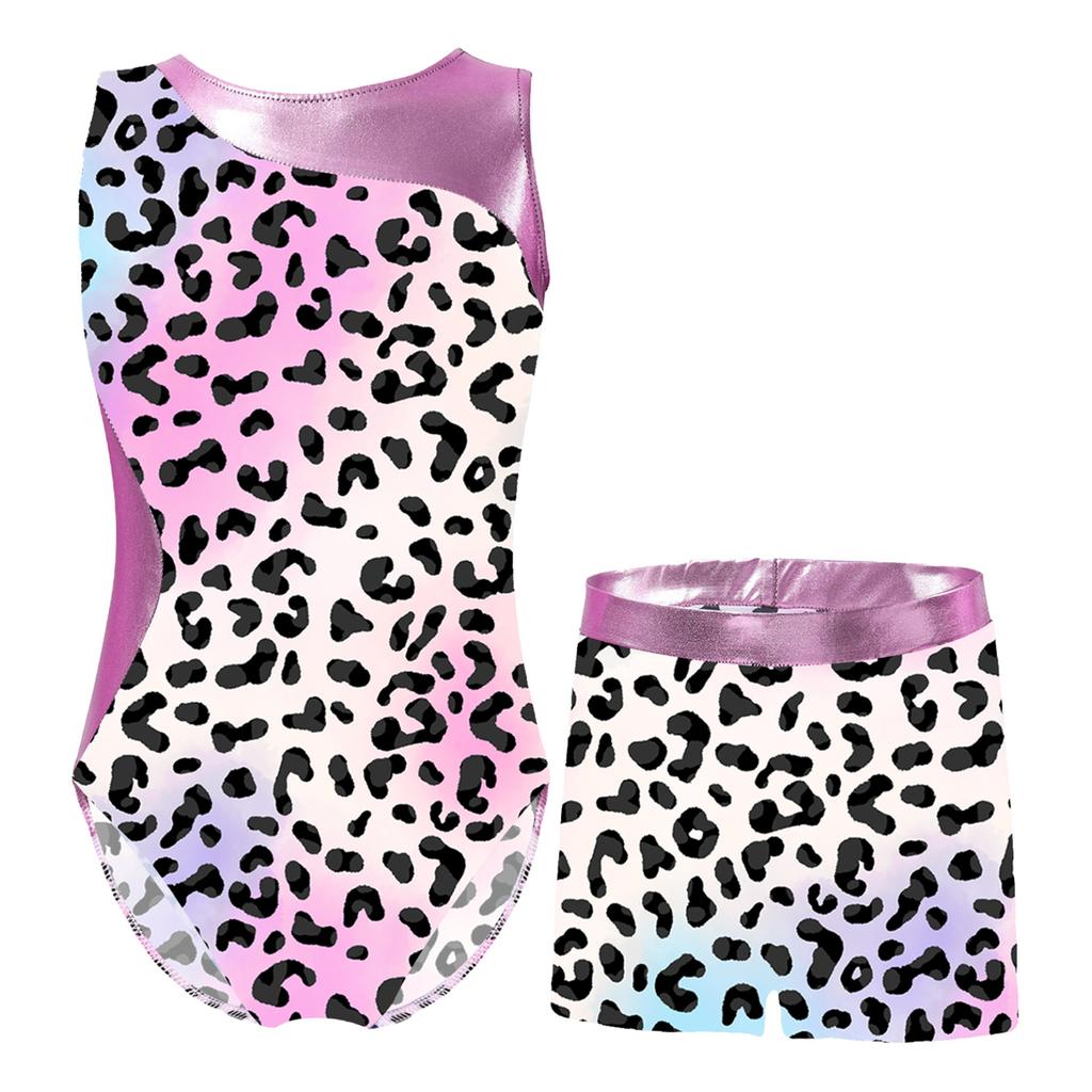 Kids Girls Gymnastics Yoga Dance Sport Sets Fancy Print Leotard and Shorts Dancewear Outfits