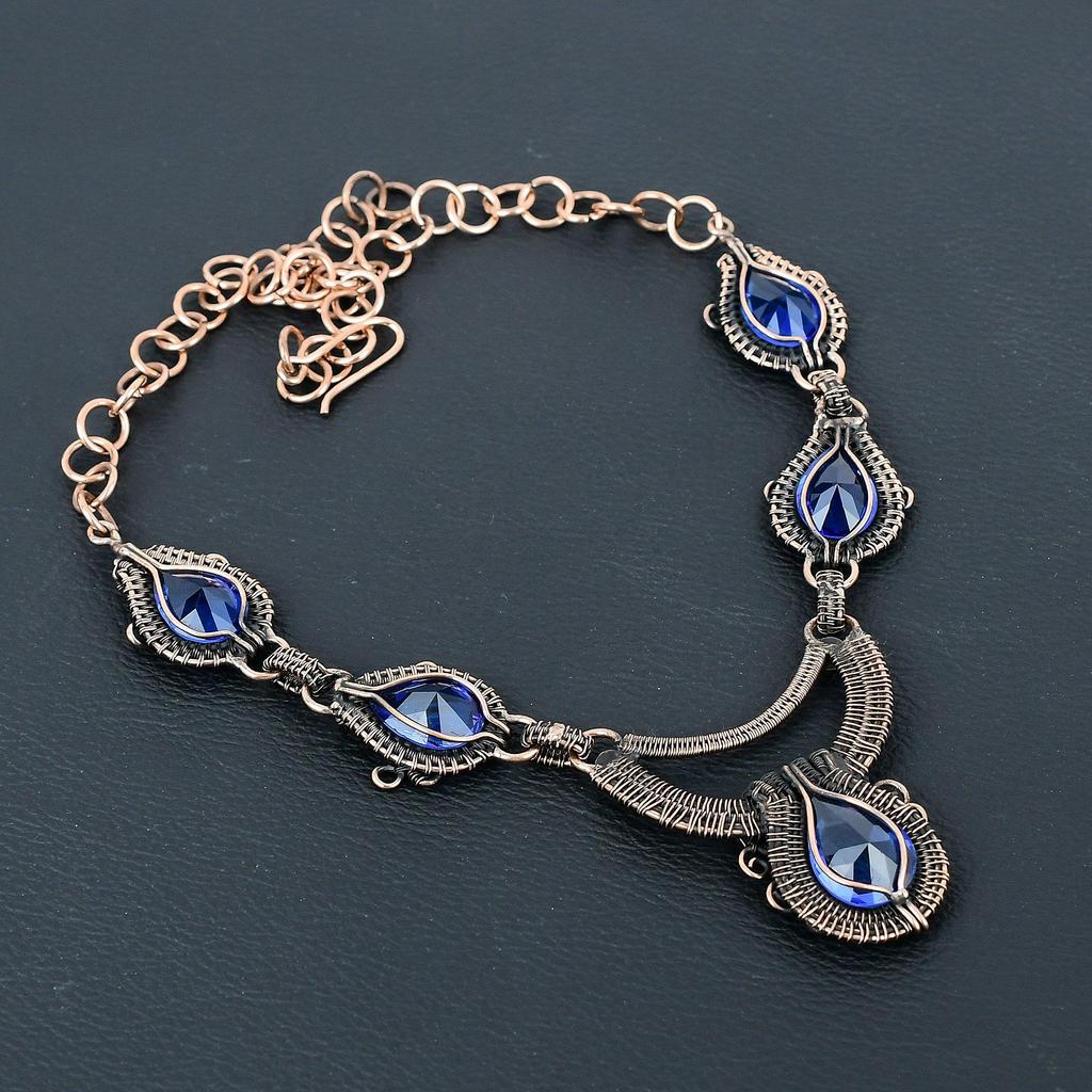 Синий сапфир, созданный в лаборатории драгоценный камень, ювелирное ожерелье ручной работы из чистой медной проволоки для любви