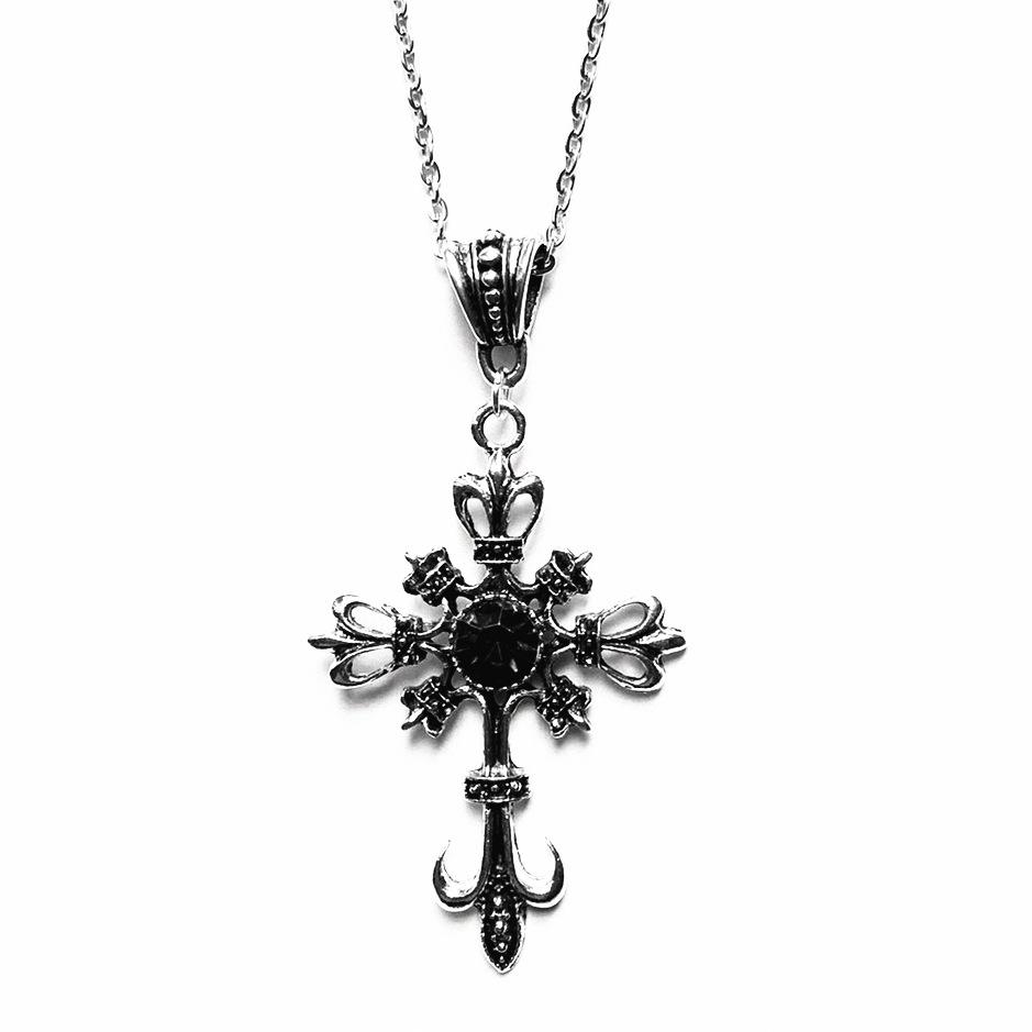 Vintage Gothic Cross Necklace Alloy Necklace Glass Heart Pendant Punk Style Necklace