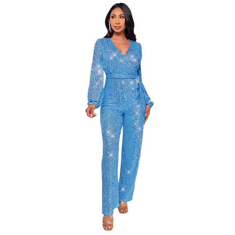 Sparkly Jumpsuits For Women Dressy Formal Plus Size Long Sleeve Sequin Party Rompers Sexy V Neck Wide Leg Pants Suit