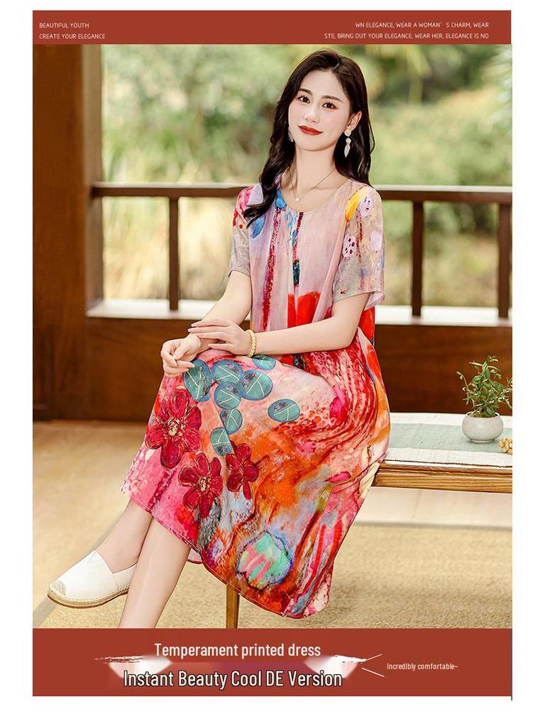 Летнее этническое миди-платье с цветочным принтом из хлопка и шелка – с коротким рукавом, свободного кроя, стройнящая накидка для мам