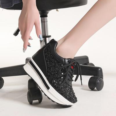 2024 Весна и Осень Модные Круглые Носки Однотонные Блестки Повседневные Вулканизированные Туфли Женские С Поднятым Верхом На Шнуровке
