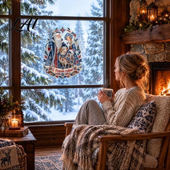 Static Window Clings Russian New Year Glass Sticker Decorative Electrostatic PVC Decal with Snowflake Pattern Art Snowman Zodiac Lamb Design,