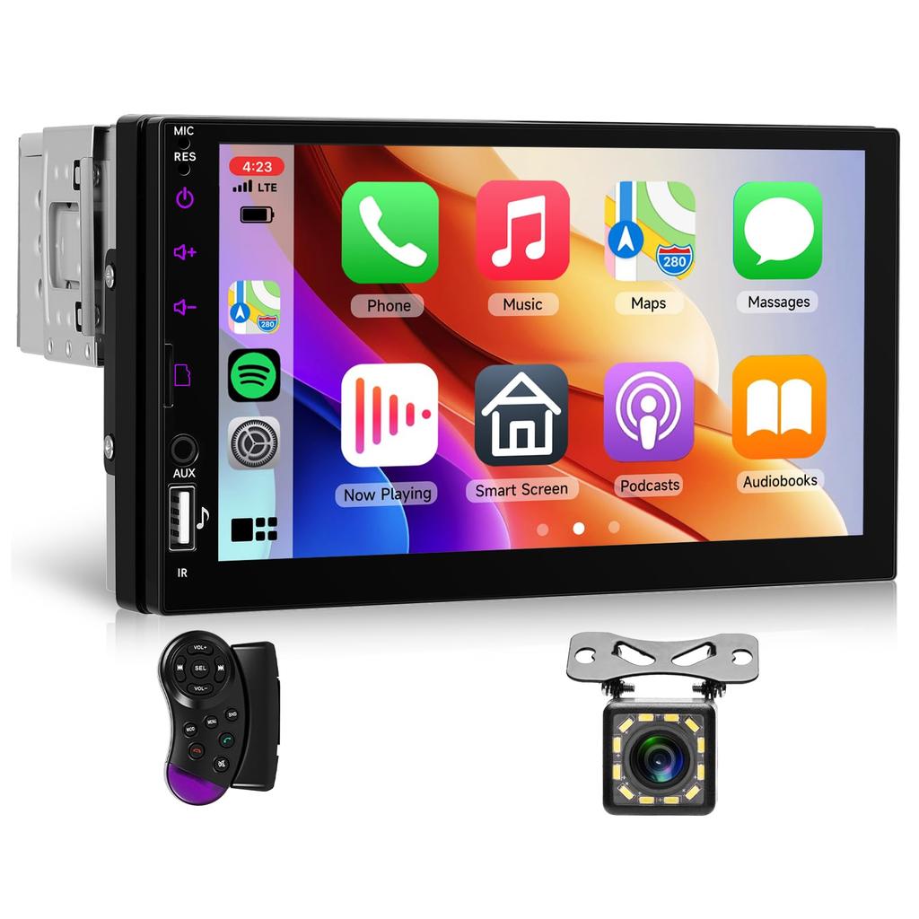 Hodozzy 1 DIN Автомобильная аудиосистема Беспроводной CarPlay/Android Auto Беспроводная совместимость 7-дюймовый ЖК-сенсорный экран Однодиновая Bluetooth Автомагнитола 1DIN Mirror Link FM Ra