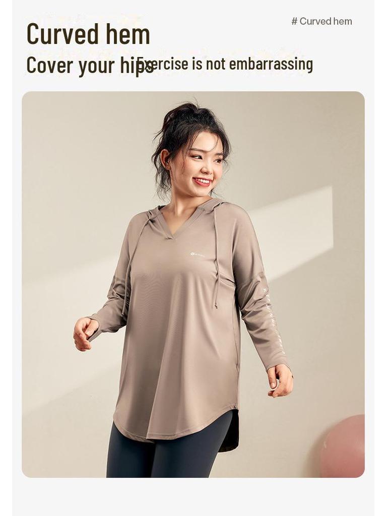 Женская майка для йоги с капюшоном больших размеров — облегающая, дышащая, быстросохнущая, с длинным рукавом для фитнеса