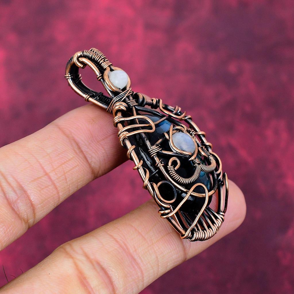 Evil Eye Labradorite Pendant Copper Wire Wrapped Rainbow Moonstone Jewelry