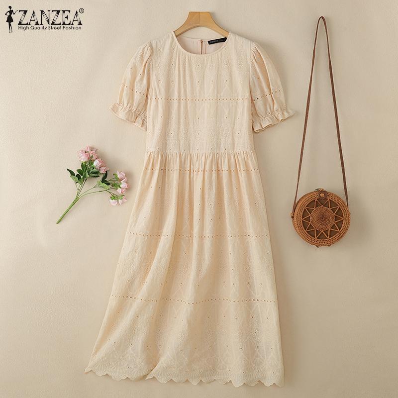 ZANZEA Women Summer Round Neck Short Sleeve Patchwork Embroidery Long Dress