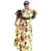 Плюс Размер Женщин Новая Мода Печати Пышные Рукава Длинная Юбка Платье