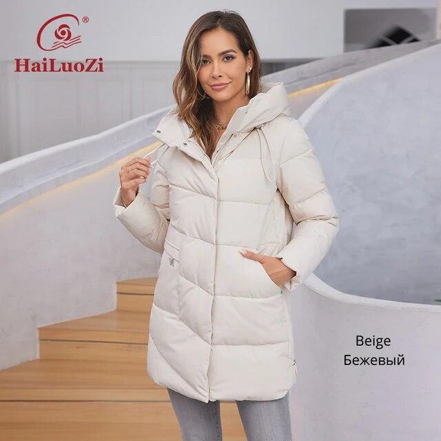 HaiLuoZi Новинка 2023 года, женские зимние куртки, теплые женские парки из плотного биохлопка с капюшоном, однотонные женские пуховые пальто с большими карманами 1139