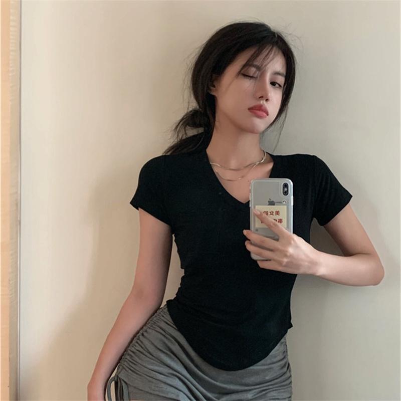 Women Spring Summer Solid Color Short Sleeve T-shirt V-Neck Pocket Slim Irregular Blouses Pullover Base Top M-XXL