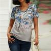 Женская синяя футболка с v-образным вырезом и короткими рукавами и цветочным принтом, свободная футболка, повседневная рубашка