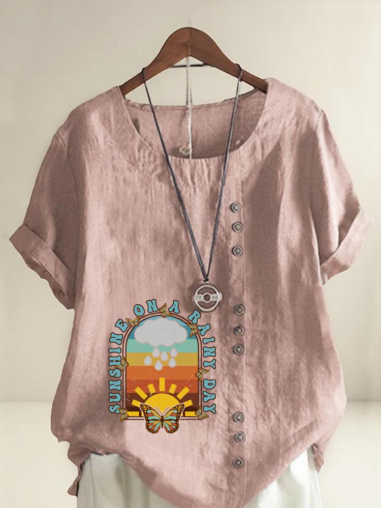 Women's Fashion Letter Butterfly Print Shot Sleeve T-shirt Loose Cotton Shirt Casual Loose Summer Blouse Tops Plus Size