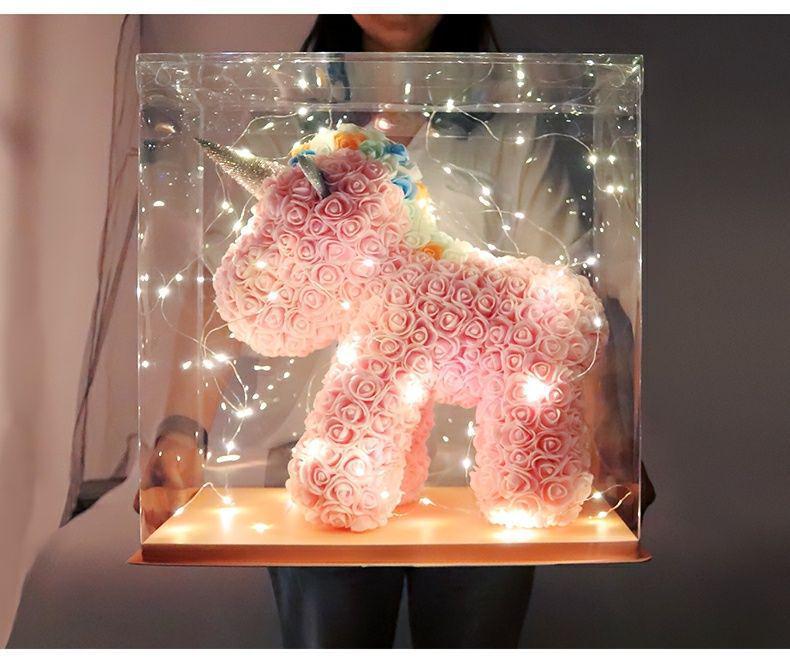 Qixi Unicorn Rose Preserved Flower & Teddy Bear Gift Set for Girlfriend or Kids