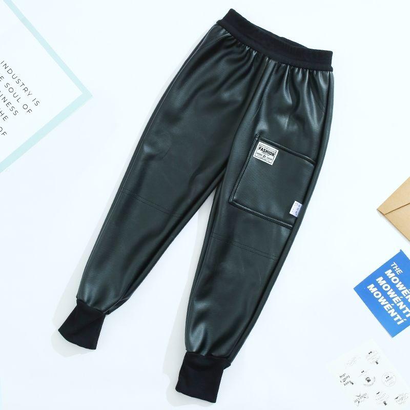 Детские кожаные штаны осень-зима плюс бархат утолщенные теплые и ветрозащитные кожаные штаны водонепроницаемые детские штаны на шнурке