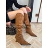 2025 Autumn Suede Wedge Heel Pointed Khaki Pile Boots Tall Knight Boots Women's Shoes Skinny Long Boots