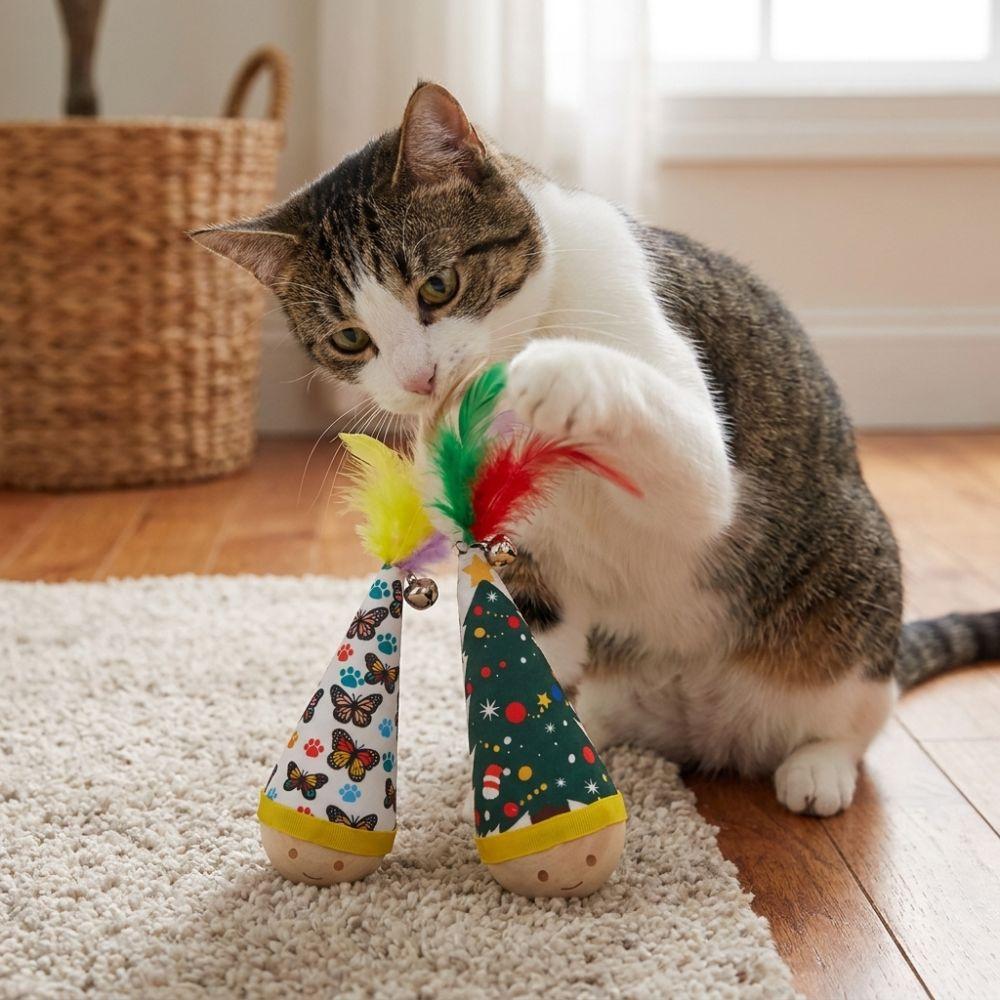 Colorful Feather Cat Tumbler Toy Wooden Base Dynamic Shaking Self Play Cat Entertainment Toy Cartoon Pattern Bite Resistant