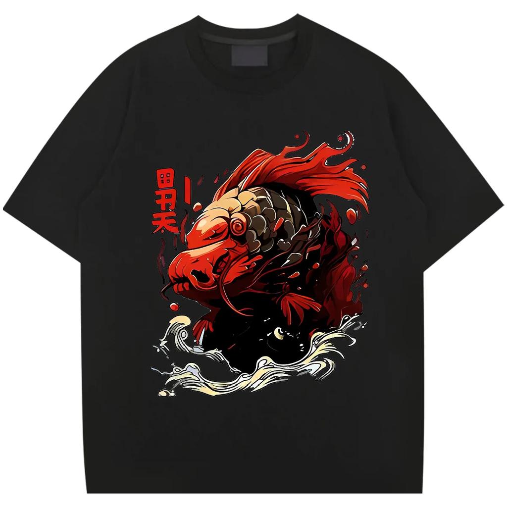 Футболка Fish Japanese Tee Oversize с круглым вырезом, одежда в стиле хип-хоп, мужские летние футболки с принтом, модная уличная свободная рубашка