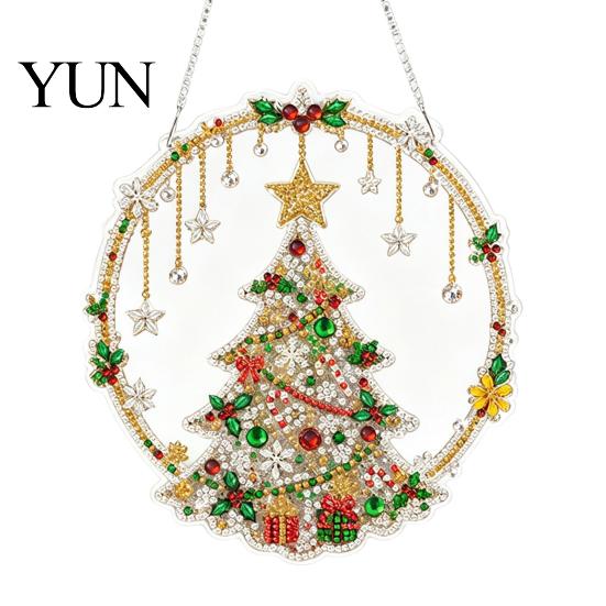 Acrylic Rhinestone Painting Set Christmas Suncatcher Kit, DIY Faux Pearl Art Ornament Crafts for Adults Beginner, Xmas Hanging