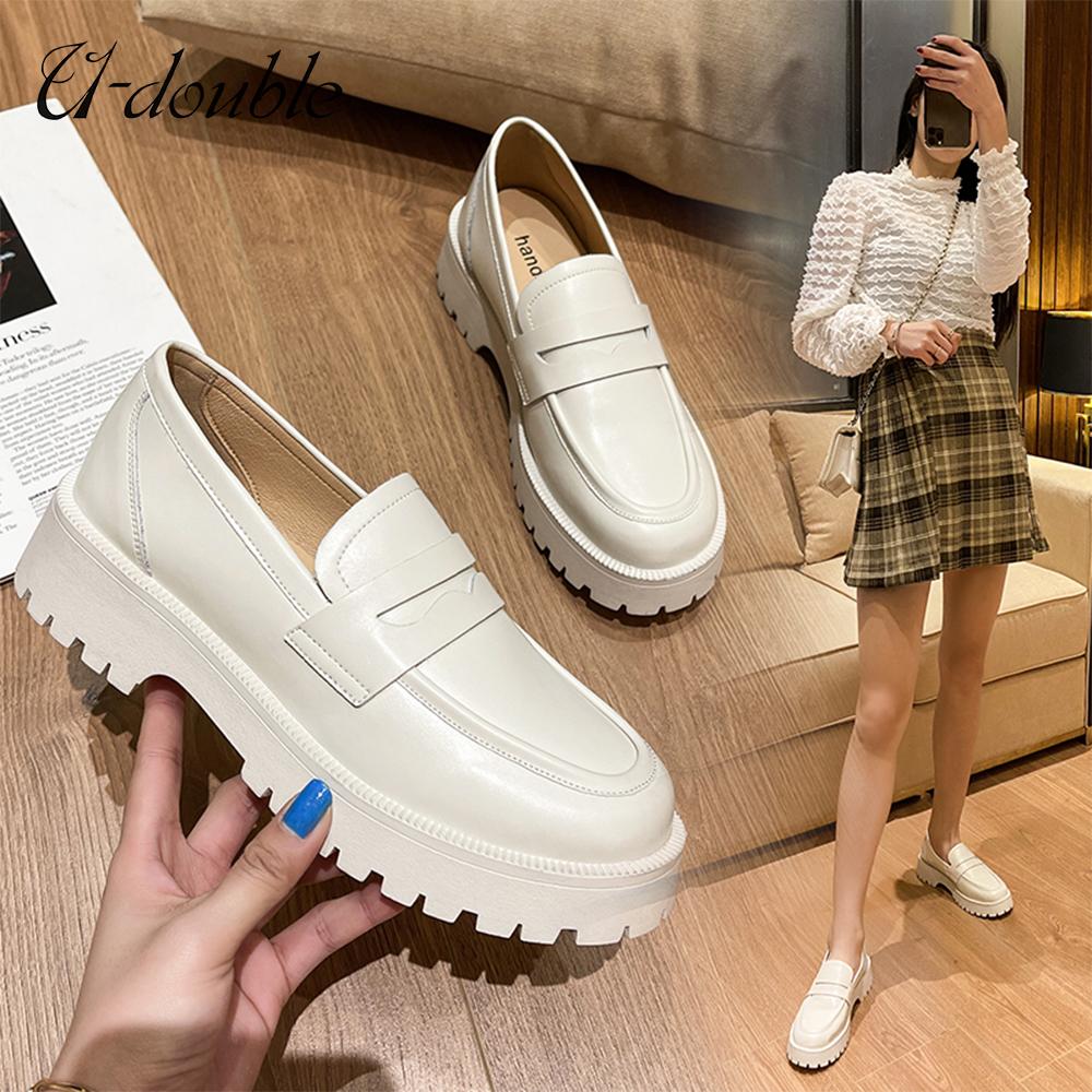 U-Double Spring Shoes Women British Style New Thick-Soled College Style Casual Loafers Genuine Leather Fashion Shoes Girls