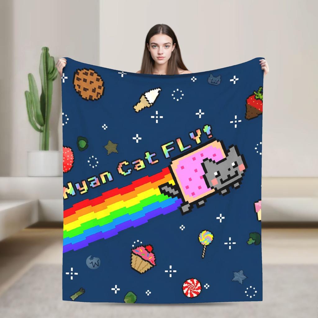 Cat Rainbow Pixel Space Nyans Blanket Flannel Textile Decor Multifunction Soft Throw Blankets for Bedding Couch Rug Piece