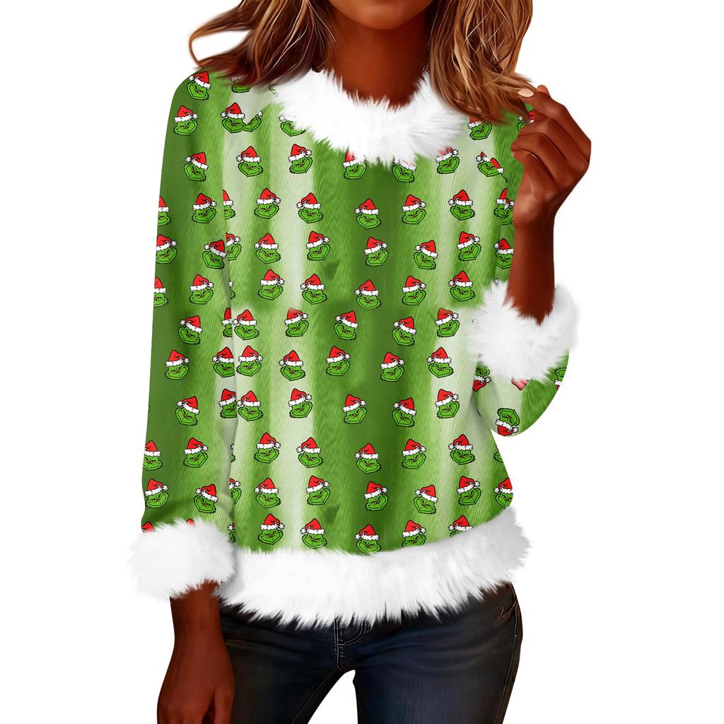 Женская модная рождественская футболка с принтом, круглым вырезом и длинными рукавами, повседневный пуловер