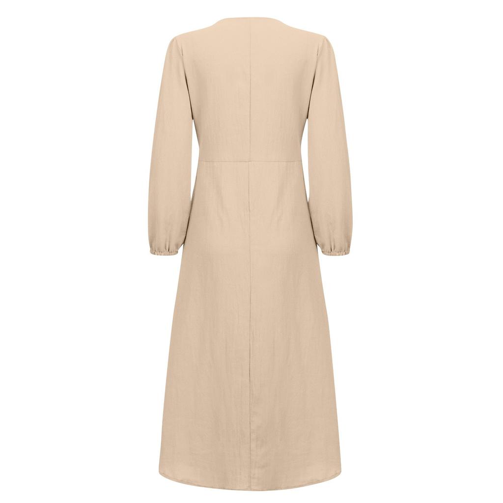 Women's Fashionable Solid Color V-neck Long Sleeved Loose Button Cotton Linen Retro Large Swing Long Casual Dress