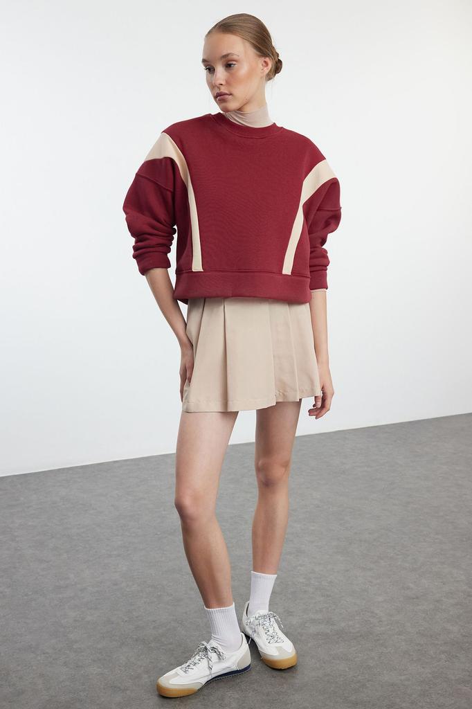 Женская модная стильная толстовка бордового красного цвета с контрастными цветами, обычная, нормального кроя, вязаная толстовка с круглым вырезом