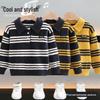 Boys' Autumn 2025 Korean Striped Turn-Down Collar Knit Sweater - Soft & Casual Long Sleeve for Small To Medium Kids