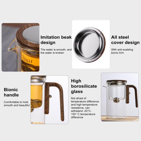 Стеклянный чайник Yousheng с разделением воды, стеклянный чайник с деревянной ручкой и носиком-заварником без подтеков для заваривания чая