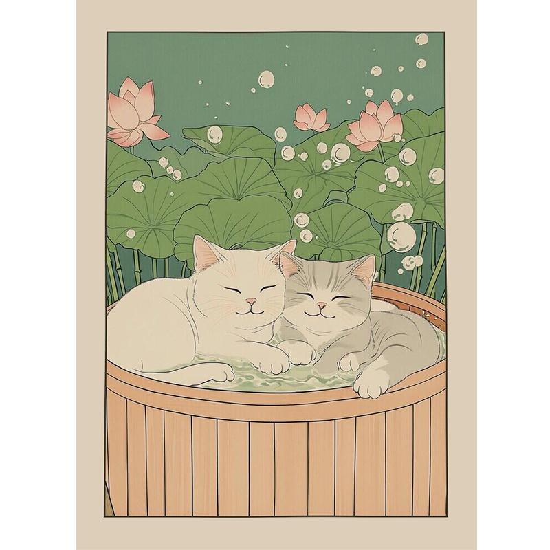 Japanese Bathroom Art Poster Cute Animals in Bathtub Canvas Printed Decorative Painting, Used for Bathroom Decoration, Frameless