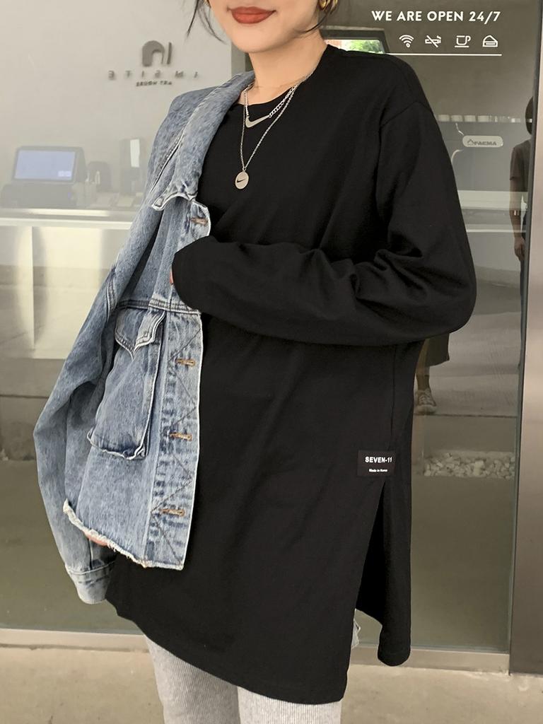 Женская однотонная футболка с длинными рукавами и разрезом, корейская весна-осень, женские повседневные свободные топы, белые рубашки