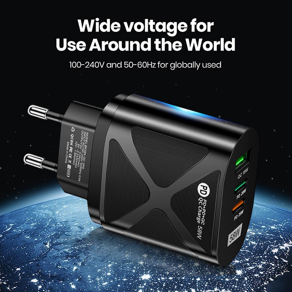 Двойное быстрое зарядное устройство 58 Вт с 2 портами USB PD+QC3.0, варианты вилок EU/US/UK/KR/AU