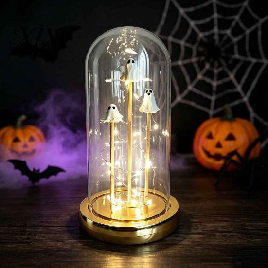 Scary Lighted Sculpture Halloween Indoor Light Up Ghost in Dome Cloche, Cute 3 Mini Figurine Decorative Night with Warm LED for Party Home Table