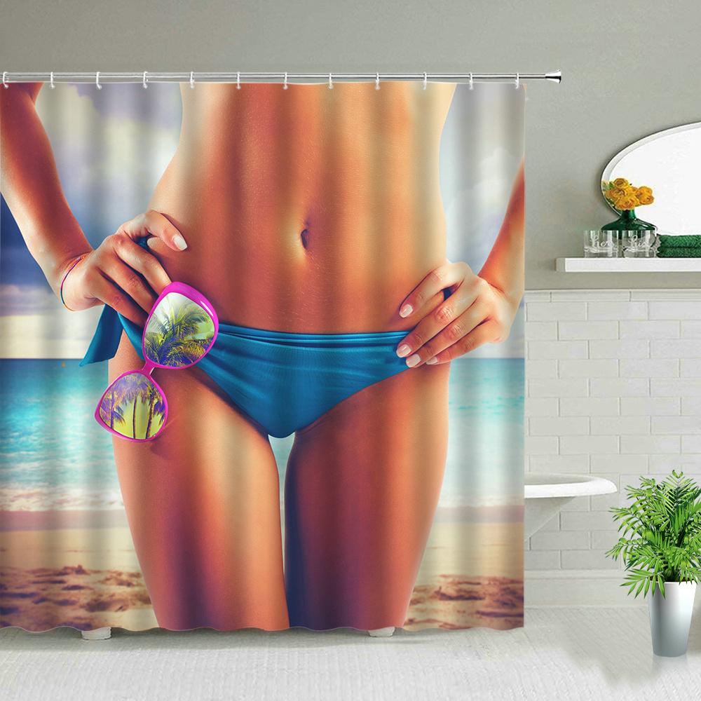 Солнечный свет Пляжная девушка Пальма Доска для серфинга Пейзаж Шторки для душа Сексуальная женщина 3D-принт Шикарная занавеска Декор для ванной комнаты С крючками