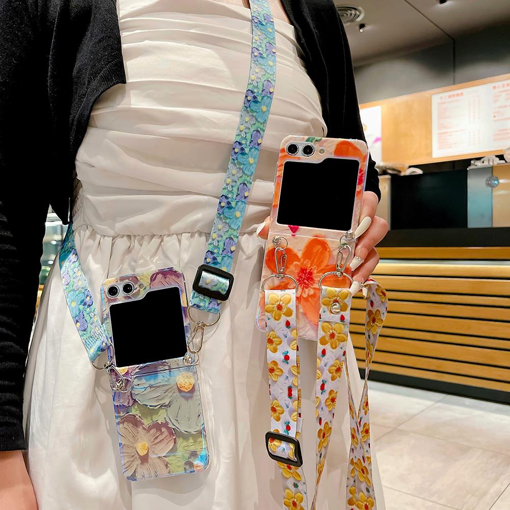 Чехол с ремешком через плечо с цветами и акварельными цветами для Samsung Galaxy Z Flip 5 4 3, милый глянцевый силиконовый чехол с цветочным принтом