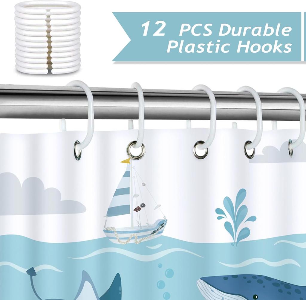 Whale Ocean Blue Kids Cartoon Undersea Theme Waterproof Washable Polyester Shower Curtain 180 X 180Cm With 12 Hooks