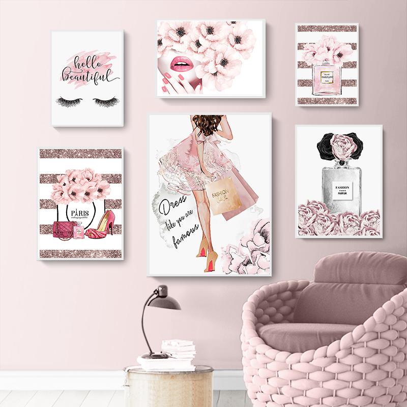 Fashion Woman Poster Pink Flowers Perfume Canvas Painting Wall Art Eyelash Makeup Print Picture Modern Girl Room Home Decoration