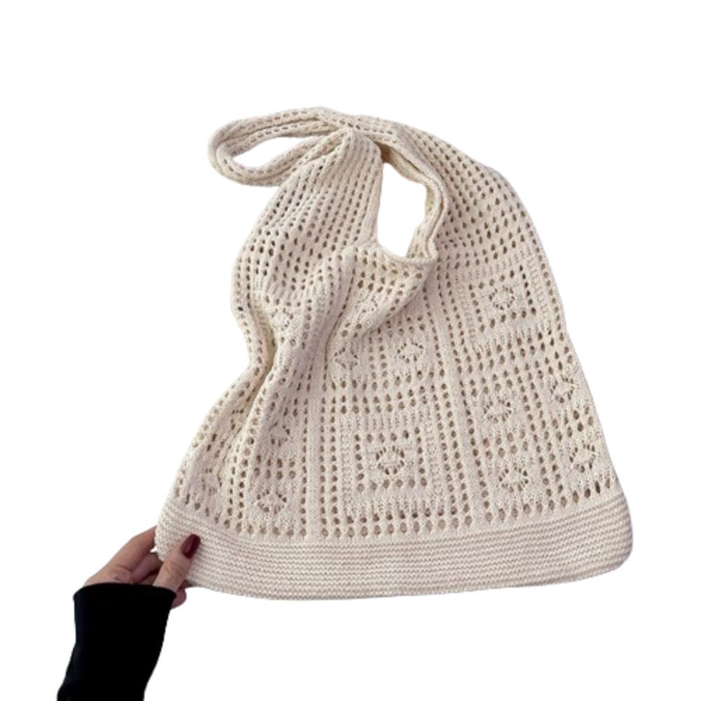 Woven Crochet Mesh Bag Solid Color Shopping Handbag Simple Knitting Shoulder Bag Summer