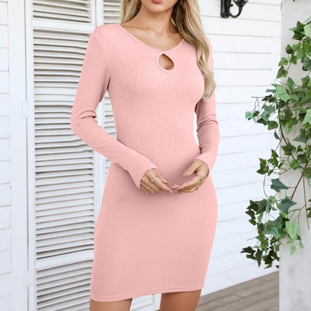 Женское модное однотонное платье с круглым вырезом и длинными рукавами