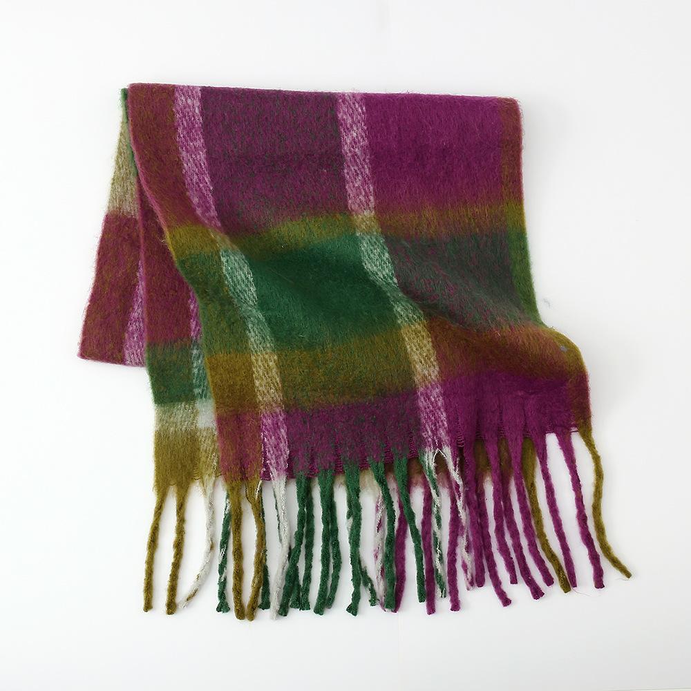Autumn and Winter New Rainbow Plaid Imitation Cashmere Fringed Scarf Women's Mohair Enlarged Thick Shawl Warm Scarf