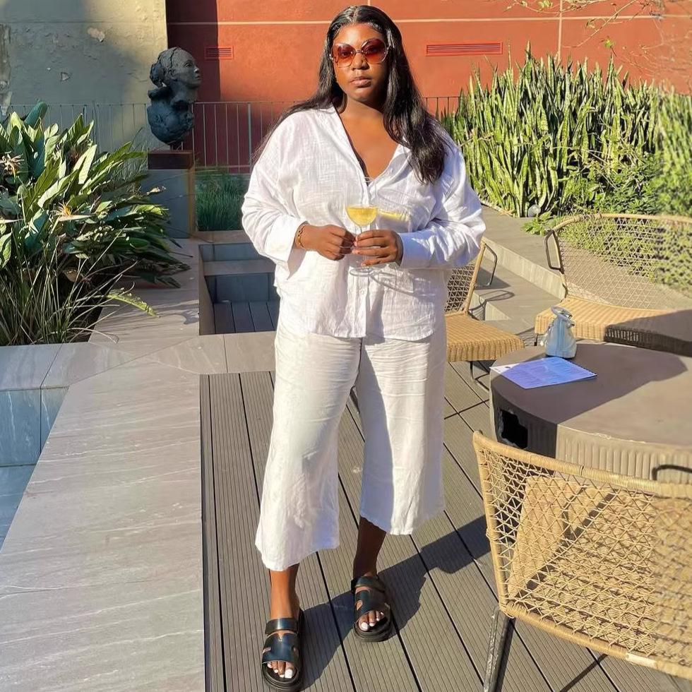 European and American long-sleeved loose and lazy white shirt set casual wide-leg pants African casual new women's clothing two-piece set