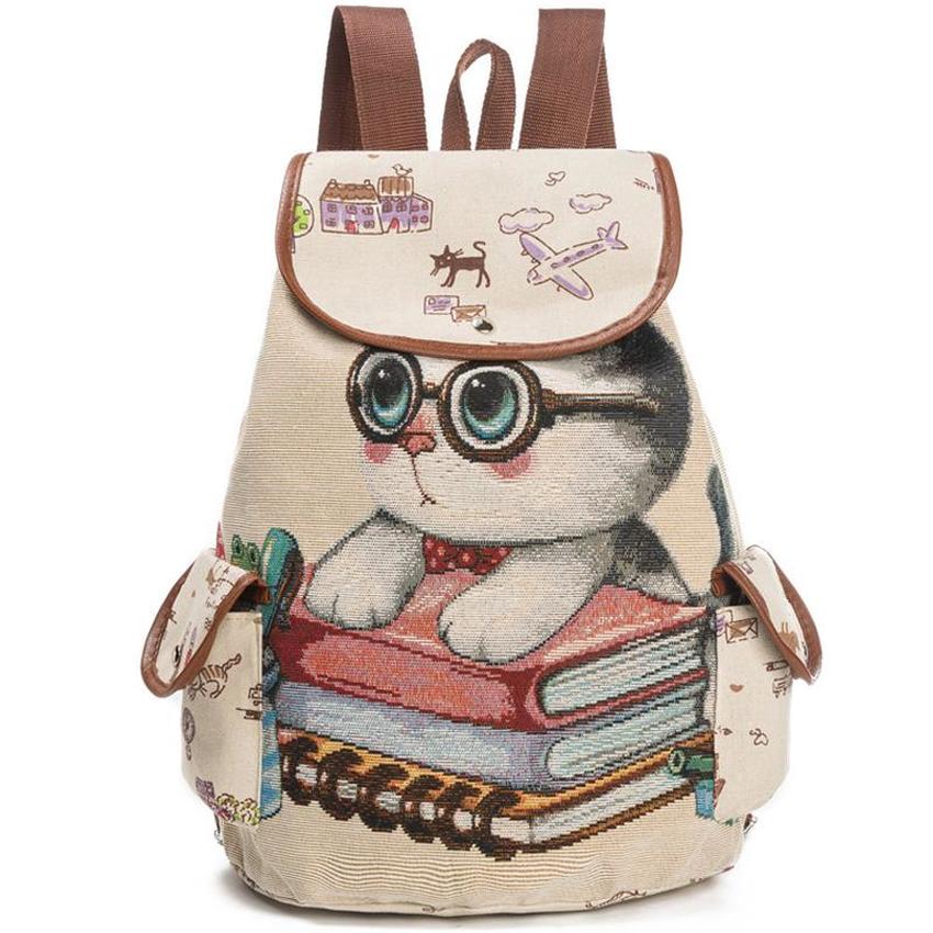 2021 Women Canvas Large Rucksack Ladies Cat Print School Bag Laptop Notebook Backpack